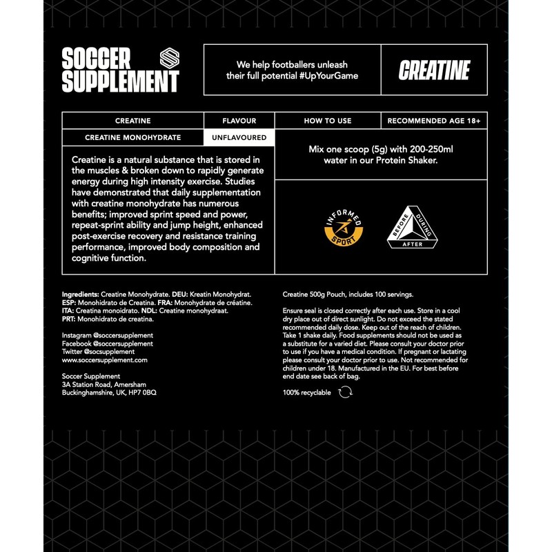 Creatine Monohydrate - by Soccer Supplement, 500g, Premium Grade creatine