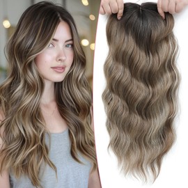 Lasunork Hair Toppers for Women Wavy Curly Hair Topper Hand-Tied Lace Clip in Fringe (Ombre Brown with Blonde Highlights)