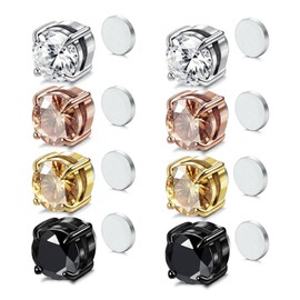 Airokiy 4 Pairs Magnetic Clip On Earrings Men Women 6mm Round Cubic Zirconia Non Pierced Clip On Earrings Stainless Steel Jewelry Set