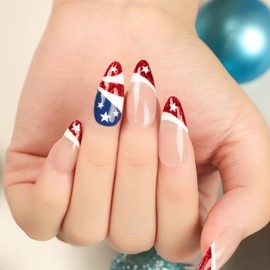 24 Pcs 4th of July Press on Nails Short Square Fake Nails Red French Tip Design Glue on Nails Stars Full Cover False Nails Patriotic Stick on Nails for Independence Day Art Decoration