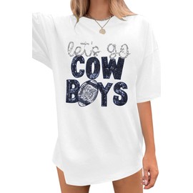 Womens Football Sequin Embroidery Shirts Oversized Vintage Game Day Tshirt Casual Football Season Short Sleeve Tops White