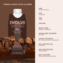 Evolve Plant Based Protein Shake, Double Chocolate, 20g Vegan Protein, Dairy Free, No Artificial Sweeteners, Non-GMO, 10g Fiber, 11 Fl Oz (Pack of 12) - (Formula May Vary)
