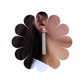 Cybche Boho Pearl Stud Earrings Silver Pearl Tassel Chain Earrings Pearl Ear Jacket Earrings Long Chain Tassel Drop Earrings Wedding Pearl Earrings Jewellery for Women, Zinc, No Gemstone
