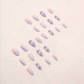 Foccna Purple Fake Nails Sequins Glitter Acrylic Butterfly Artificail Long Press on Rhinestone Nails, Purple Full Cover Fake Nails with Design Nail Tips for Women&Girls-24PCS