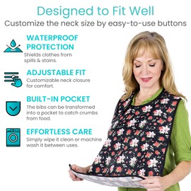 Vive Adult Bibs for Women, Men (3-pack) - Adjustable Bibs for Elderly Senior - Premium Waterproof Bib for Eating - Machine Washable, Clothing Protector With Cumb Catcher, Folding Pocket (Floral)