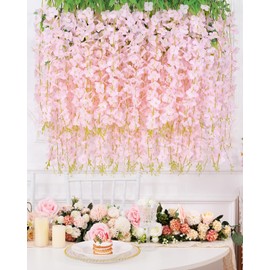 Waipfaru 12 Pack Wisteria Hanging Flowers, 3.6 Feet Light Pink Wisteria Artificial Flowers, Fake Wisteria Flowers Garland, Hanging Wisteria Vines for Bedroom Wedding Home Party Wall Decoration