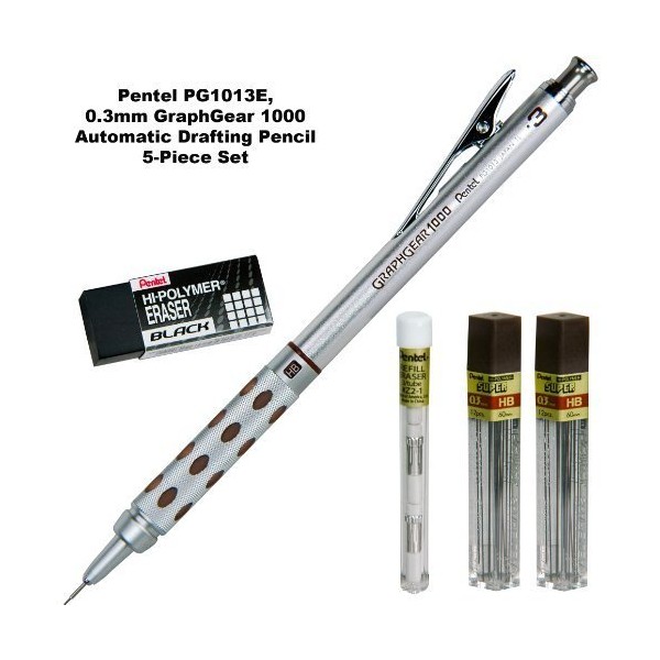 Pentel 5-piece Set, Pg1013e, 0.3mm Graph Gear 1000 Automatic Pencil