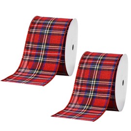 NAUZE 2Rolls Scotland Burlap Ribbon Wired Edge Wrapping Ribbons Christmas Red Plaid Ribbons for Christmas Tree Decor DIY Craft （6.3cm*10yards）