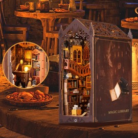 DIY Book Nook Kit, DIY Miniature Dollhouse Booknook Kit with Sensor Light and Furniture, 3D Puzzle Wooden Bookend, Model Kits for Adults to Build (Magic Library)
