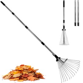 2 Pack Garden Rake for Leaves,Heavy Duty Metal Adjustable Leaf Rake for Lawns,Long Handle 33"-69" with Expandable Head 8"-15",Garden Tools for Yard Lawn Shrub Garden Beds