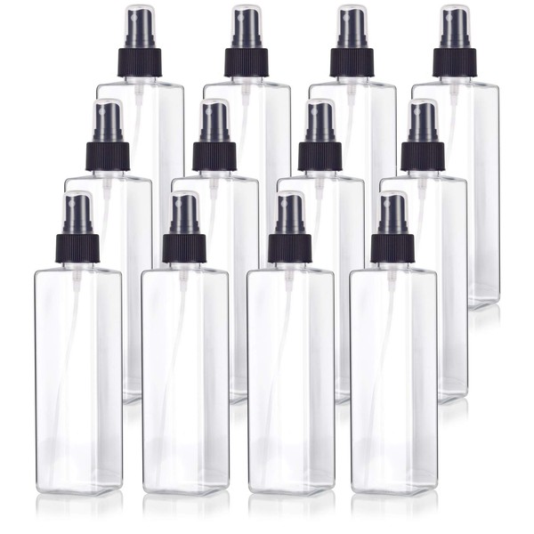 JUVITUS 8 oz Clear Plastic PET Square Bottle with Black Mist Spray (12 pack)
