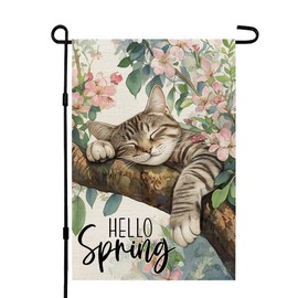 CROWNED BEAUTY Spring Garden Flag Cat on Floral Tree Double Sided 12x18 Inches Small Burlap Holiday Seasonal Yard Decoration for Outside Porch CF1740-12