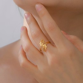 LIKGREAT Lotus Ring Stainless Steel Adjustable Ring Healing Inspiration Lotus Flower Jewellery For Women (Gold)