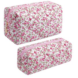 JOVAKIT 2Pcs Makeup Bag Quilted Cosmetic Bag for Women Girls, Floral Coquette Cotton Toiletry Zipper Make Up Pouch, Travel Storage Organizer Pouch (Red Floral)