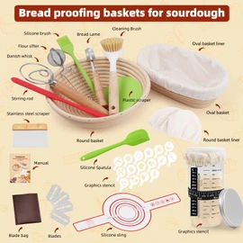 Terronix Bread proofing baskets for sourdough 19-Piece Set ，9" Round & 10" Oval Sourdough basket，Sour dough tools，Including bread pull ring, dough mixer,Complete Sour dough starter kit