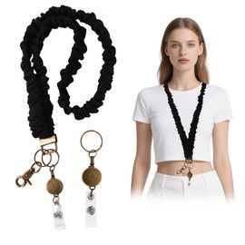 Stretchy Scrunchie Lanyard for ID Badges, Polyester Elastic Teacher Lanyard with Stainless Steel Retractable Buckle for ID Card Work Badges and Door Access Card (Black)
