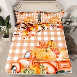 Fall Pumpkin Kids Fitted Sheet Queen Size,Truck Autumn Maple Leaf Bedding Set,Girls Boys Adults Room/Cabin Decor,Geometric Grids Thanksgiving Day Bed Cover,Rustic Bed Sheet,2 Pillowcases