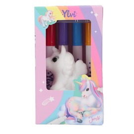 Depesche 12673 Ylvi Colour Your Unicorn Flocked Unicorn Figure for Painting, Washable and Reusable, Includes 4 Fibre Tip Pens
