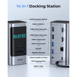 RayCue 14 in 1 Docking Station Dual Monitor, 2 * 4K HDMI, 6 USB Ports, 5 Shortcut Button, 1Gbps Ethernet, PD3.0(No Power Adapter), Laptop Docking Station for Dell/HP/Lenovo/Asus/Acer/Mac