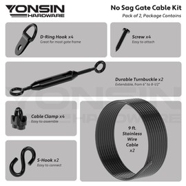 YONSIN Anti-Sag Gate Hardware Kit for Wooden Fence Gate, Anti-Sagging Gate Support Cable Kit Hardware - D Ring & Door Frame Repair, Black, 2 Pcs