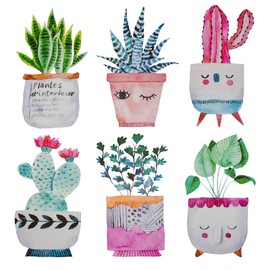 Maydahui 6 Sheets Cartoon Succulent Plant Wall Decals Cactus Wall Stickers Retro Lovely Green Potted Plants Wall Decor Peel Stick for Livingroom Kids Room Nursery Bedroom Decor