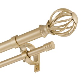 Light Gold Double Curtain Rods for Window 72-144", Double Curtain Rods with Round Cage & Barrel Finials, 1-Inch Front and 5/8 Inch Back Double Drapery Rod, Adjustable Double Rod Curtain Rod