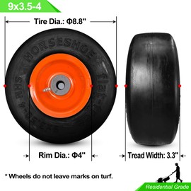 Horseshoe (2-PK-Set) New 9x3.50-4 Flat-Free Smooth Tires w/Steel Rim for Toro Exmark Walk Behind 1-513648 Solid Lawn & Gardon Wheels - 3/4" Bore 93504 T161