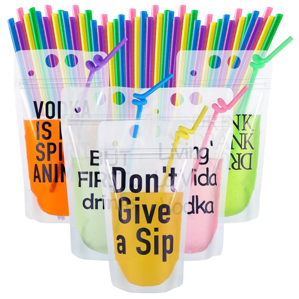 20 Pieces Party Drink Pouches with Straws Plastic Drink Bags with Zipper Party Beverage Bags Novelty Funny Juice Pouches Translucent Stand up Bags for Adults and Teens Party Favors