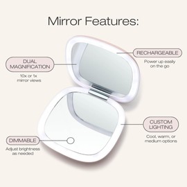 Woosh Beauty Fold Out Mirror | Travel Compact LED Light Mirror | 1x/10x Dual Magnification