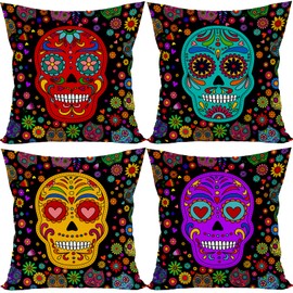 FARMNALL Dia De Los Muertos Sugar Skull Flower Cat Throw Pillow Covers 18x18 Set of 4 Day of The Dead Pillow Case Mexican Fiesta Party Decorations and Supplies