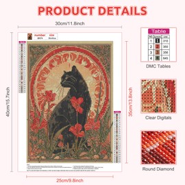 RICUVED 5D Schwarze Katze Diamond Painting Diamant Painting Bilder Poster Diamond Art Erwachsene Full DIY Diamant Kunst Malerei Stickerei Set Kreuzstich 30x40cm