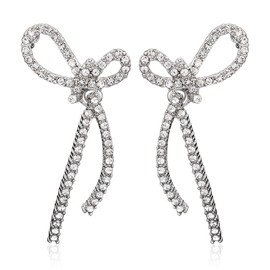 Mikovivi Silver Bow Rhinestone Earrings, Bowknot Tassel Earrings for Women Long Dangle Sparkly Drop Ribbon Jewelry Gift for Brides Wedding Anniversary