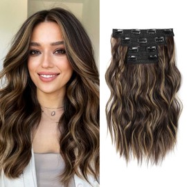 NTYNTY 14" Short Clip in Hair Extensions - 4PCS Beach Wave Dark Brown With Highlights - Natural Soft Synthetic Hairpiece for Women
