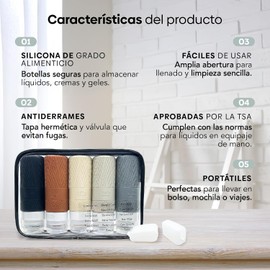 Kit de Viaje Envases Silicona INCLUYE 2 Protectores Para Cepillos de Dientes, Ideal para Llevar tus Líquidos en el Avión o al GYM.