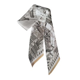 JERLA 100% Mulberry silk Scarf Head Hair Ribbon Handbag Handle wrap Tie Bundle Neckerchief Scarf for women (Horse city light khaki)