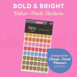 Happy Planner 15-Sheet Sticker Pack for Calendars, Journals, and Planners, Scrapbook Accessories, Classic Size, 725 Stickers Total, Bold & Bright
