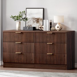 DWVO 6 Drawer Dressers, High Gloss White Dressers Drawers with Fluted Panel, Wide Versatile TV Stand Cabinet Table for Kitchen and Office, Walnut