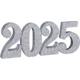 DecoGlee 4 Inch 2025 Silver Glitter Table Centerpiece Sign 2025 Number Word Sign,2025 Wooden Numbers Block for New Year Eve Graduation Chrismas Anniversary Party Supplies