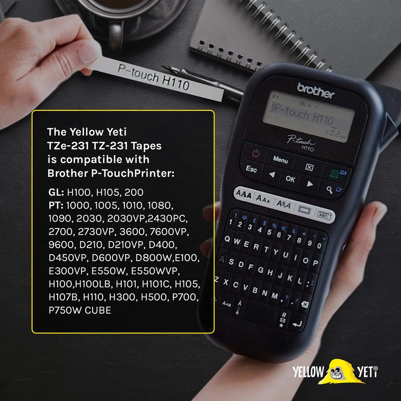 Yellow Yeti 2 Label Tape TZe-231 TZ-231 Black on White