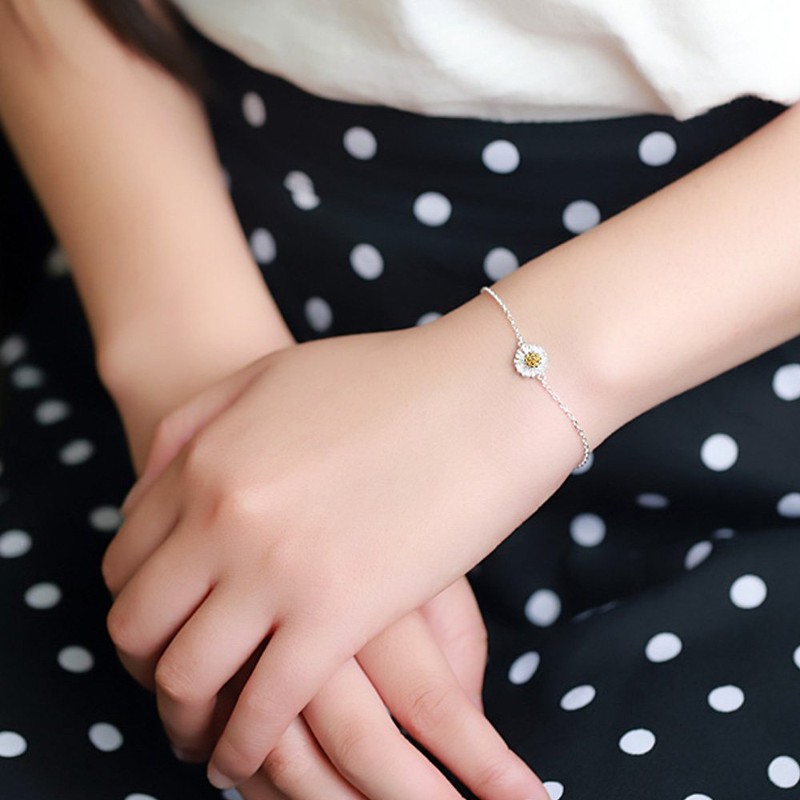 K.L.Y Women's Bracelet, Small Daisy, 925 Silver, Simple Bracelet, Cute,