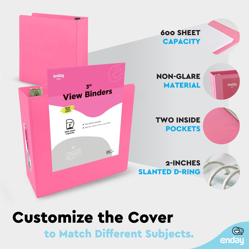 3 Inch 3 Ring Binder Pink, Slant D-Ring 3” Clear