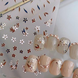 1 Sheet Spring Flowers Nail Stickers, Leaves Floral Nail Decals, 5D Embossed Self-Adhesive Nail Design Stickers for Women DIY Brown Blue Flowers Leaves Manicure Art Supplies