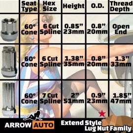 ARROW 24x Black M12x1.25 Spline Tuner Style Lug Nuts and Key Fit Nissan Infiniti