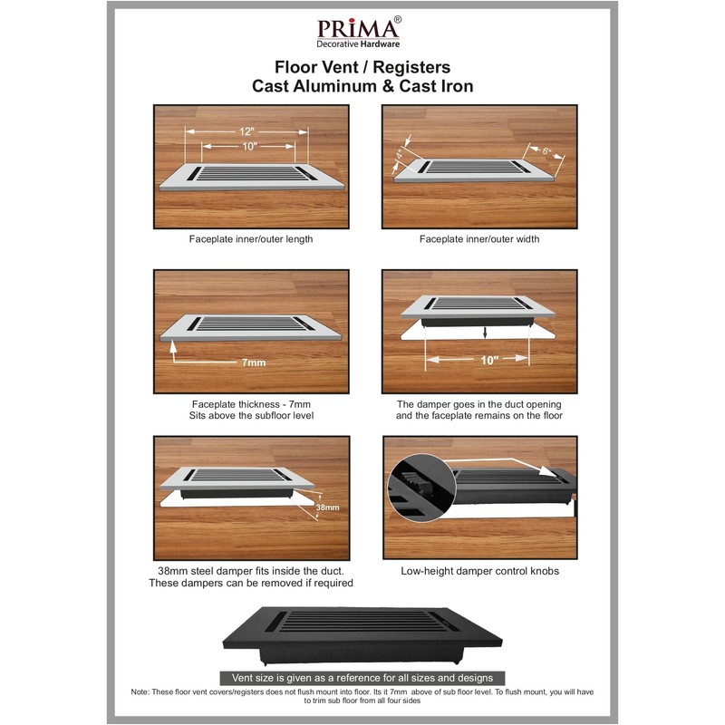Prima Decorative - Cast Aluminum Floor Register 4" X 10"