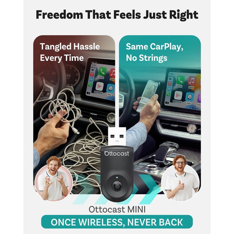 OTTOCAST Mini 2025 2-in-1 Wireless CarPlay/Android Auto Adapter, 5GHz WiFi,