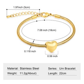 shajwo Cremation Jewelry Mini Heart Urn Bracelet for Ashes for Women Men Memorial Keepsake Snake Chain Link Bracelet,Gold