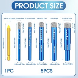 6 Stück Fliesenbohrer Diamantbohrer Glasbohrer Set, 5/6/8/10/12/14mm Feinsteinzeug Diamant Fliesen Bohrer und 6mm Karbid-Anbohrer Diamant Fliesen Bohrer für Keramik Granit Glas Porzellan Mauerwerk
