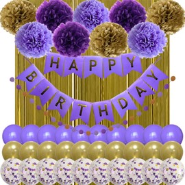 Gold Purple Happy Birthday Party Decoration for Women Girls and Men.Happy Birthday Banner,Fringe Curtain,Latex Confetti Balloons,Round Paper Skewer and and Tissue Paper Pom Poms for Birthday Party Supplies. (Gold / Purple)