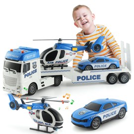 ANJARU 25" Police Toys Vehicle Truck Push & Go Rescue Playset 3 in 1 Includes Mini Police Car and Helicopter Toy in Semi Carrier Truck Gift for Toddlers Boys Age 3+(Police Trailer)