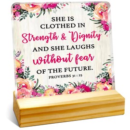 She is Clothed in Strength and Dignity Acrylic Plaque Sign,Inspirational Christian Gifts for Women,Religious Gifts for Sister Friend,Bible Verse Gifts Gifts Scripture Gift for Her